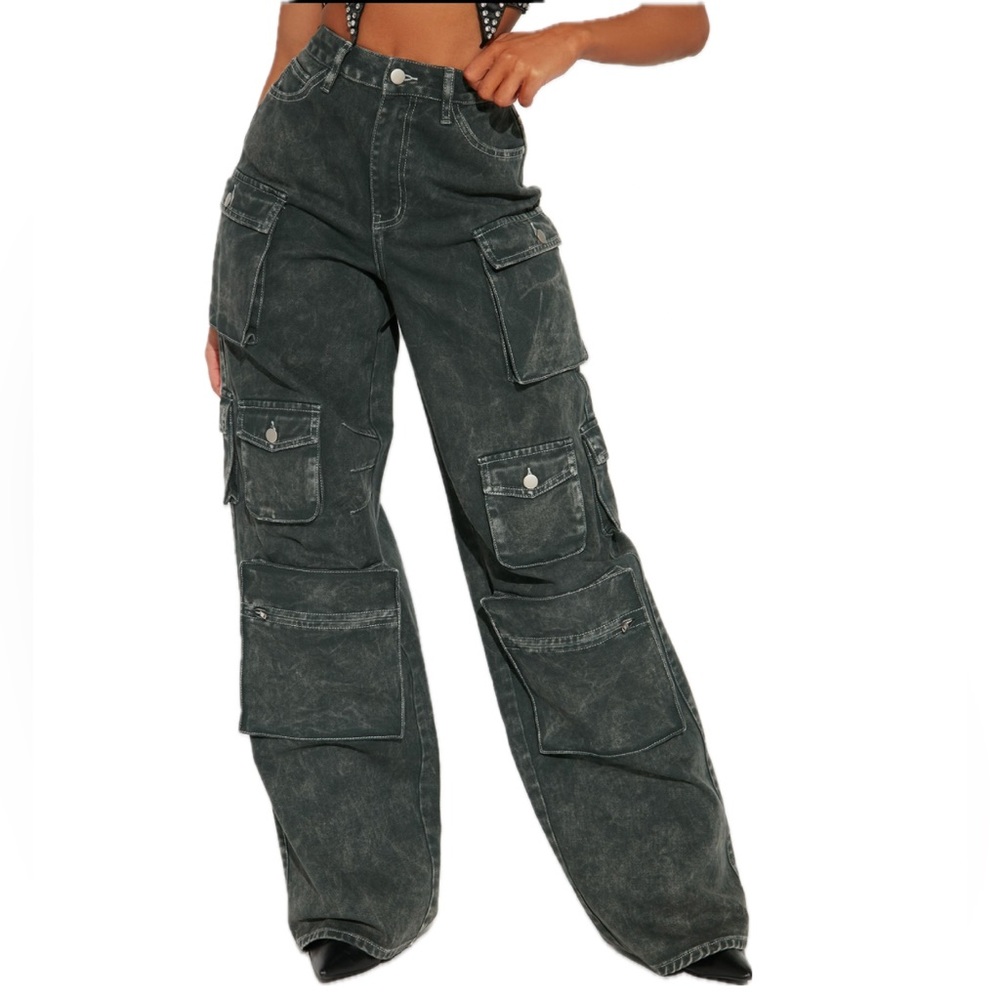 Fashion Nova Tall Lily High Rise Cargo Jeans - Green Size 13